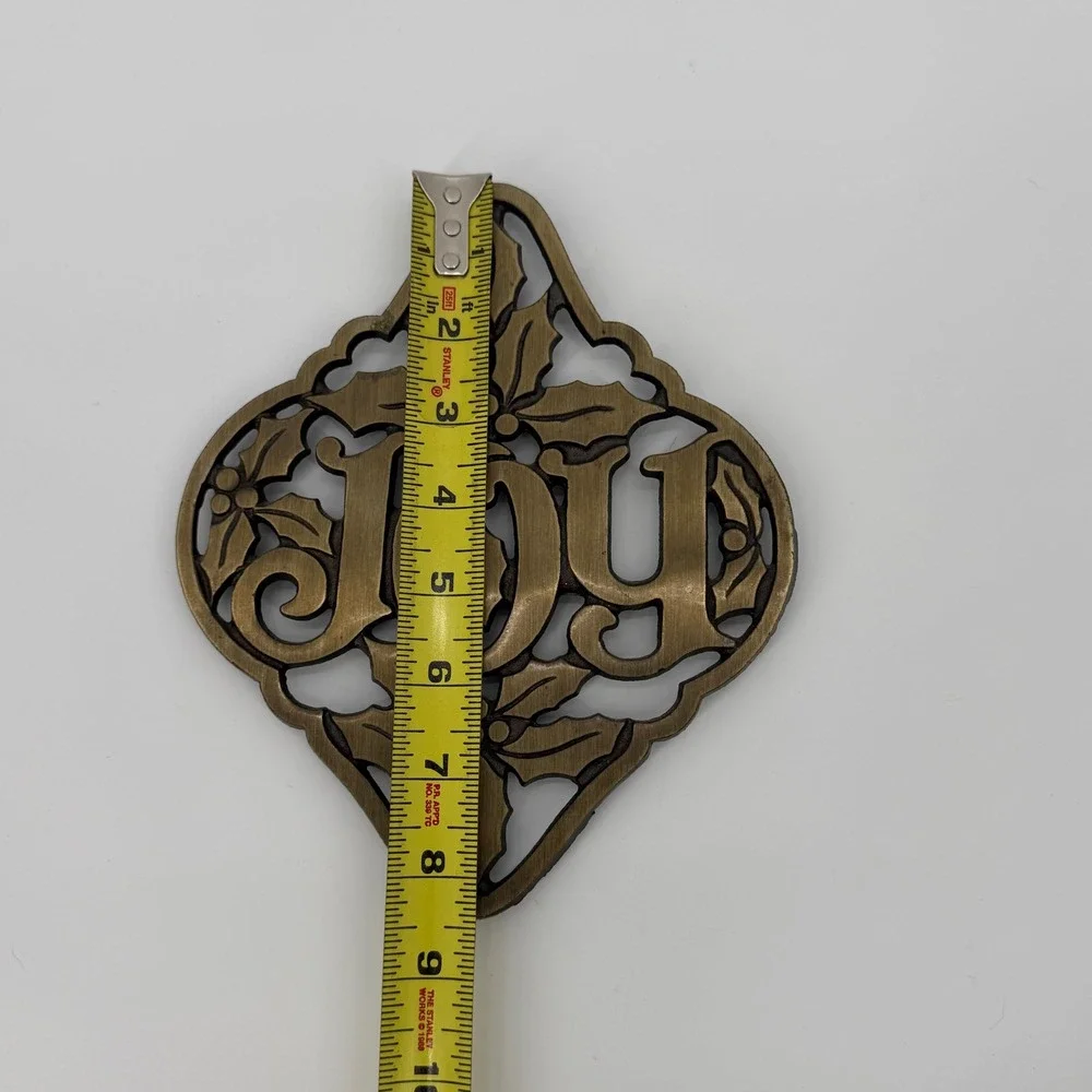 Vintage JOY Cast Iron Christmas Trivet Holly Brass Finish Wall Decor 8.5in